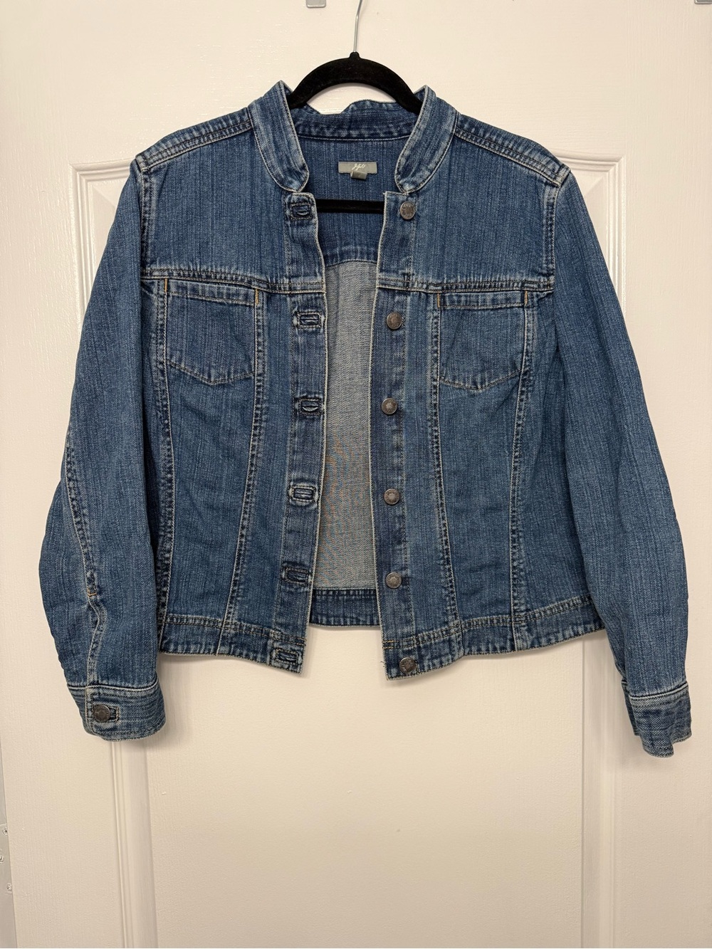 J.Jill Denim Jacket Medium Petite Blue Jean Button Front Collarless Neckline